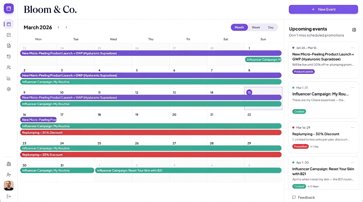 Dashboard overview with calendar and upcoming events